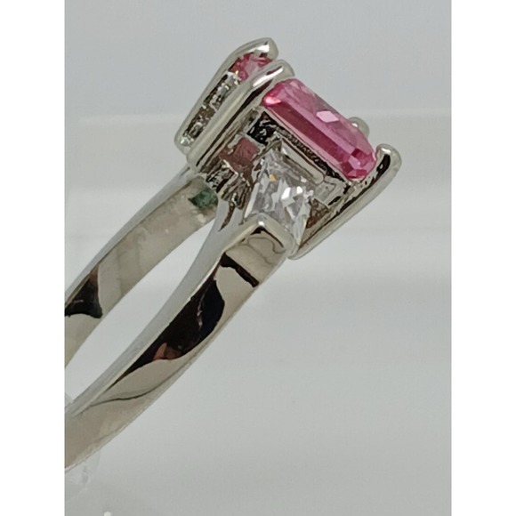 Pink Princess Cut Three Stone Ring Silver Tone Baguette Side Stones Size 9 - Picture 8 of 10